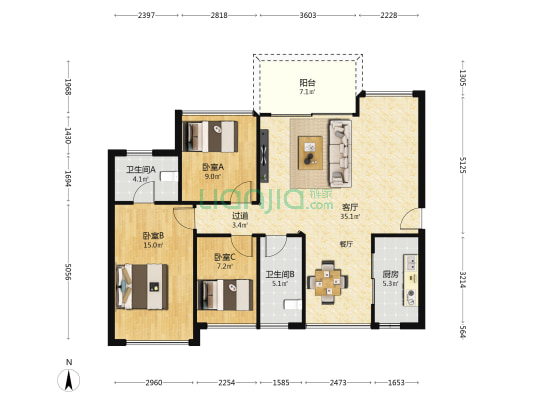 云科府 3室1厅2卫 109平方