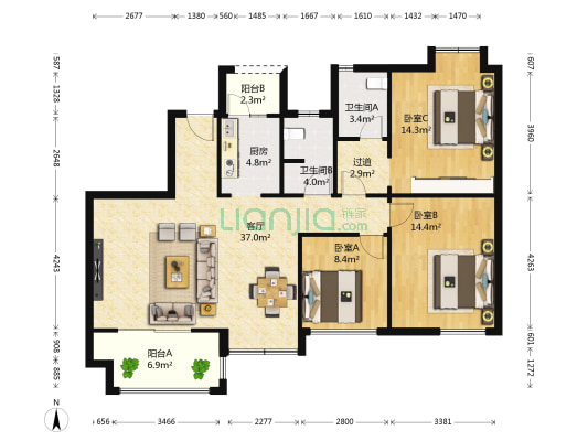 中粮祥云三期 3室1厅2卫 122平方