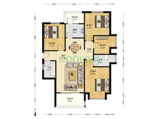 港湘铂玥 4室1厅2卫 120平方