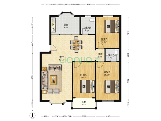 同福苑 3室1厅2卫 126平方