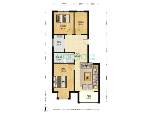 南北通透三居室,无遮挡。全天采光 ，双语-户型图