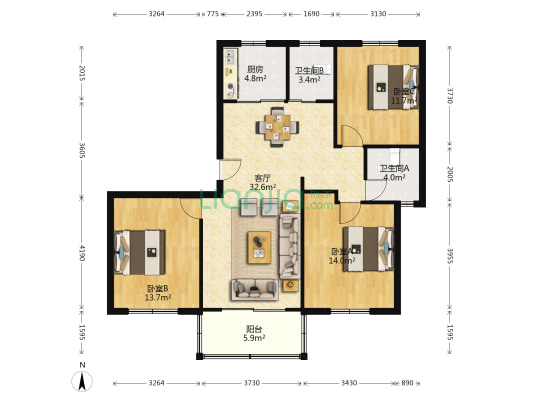 星都家园 3室1厅2卫 119平方