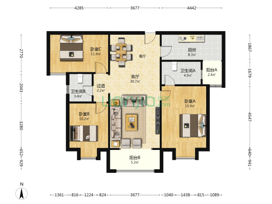 恒志云都 3室1厅2卫 124平方