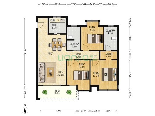 映园  3室1厅2卫 120平方