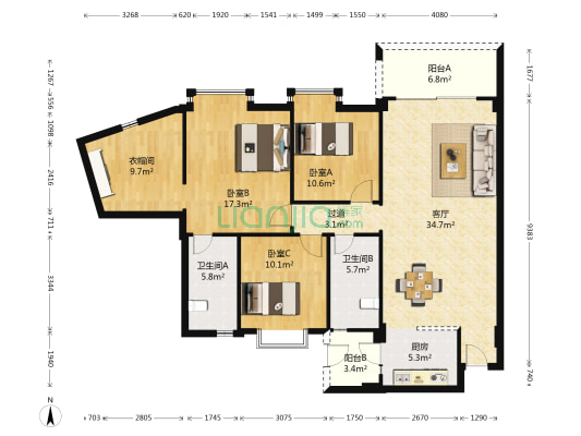 嘉豪雅苑 3室1厅2卫 127平方