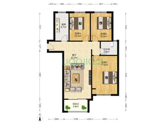 正弘澜庭叙A区 3室1厅1卫 110平方