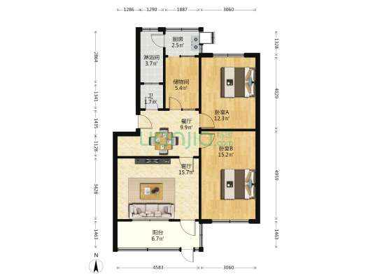 酒厂家属楼 2室2厅2卫 89平方