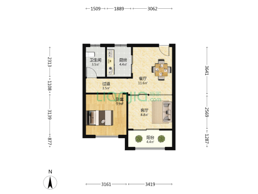 鸿海溪园 1室2厅1卫 62平方