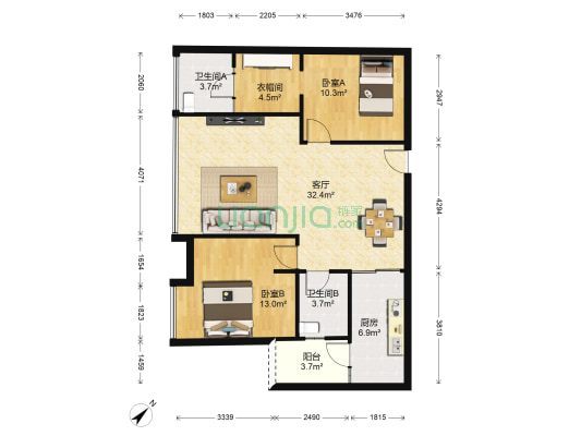 国创顺峰都荟 2室1厅2卫 74平方
