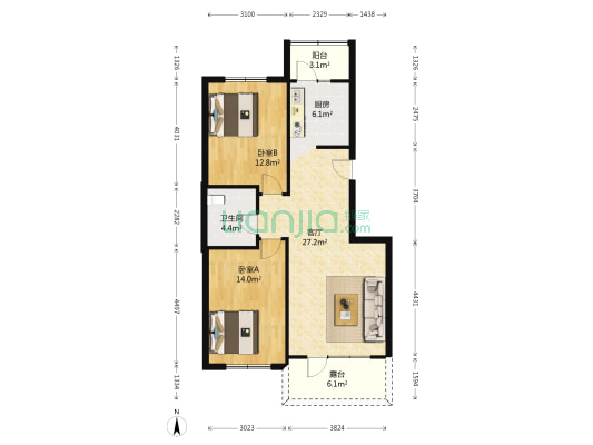 西山园中园 2室1厅1卫 90平方
