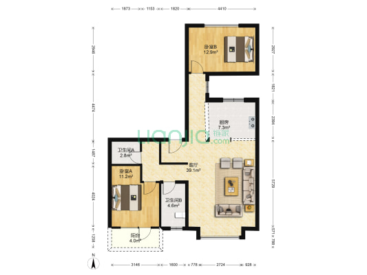 首创澜茵山二期 2室1厅2卫 111平方