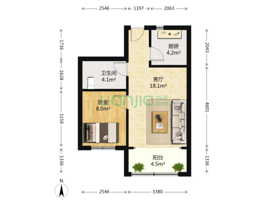 亚联山庄 1室1厅1卫 51平方