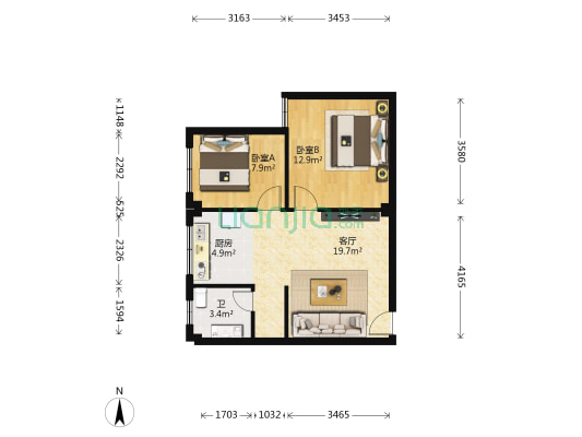 一中花苑 2室1厅1卫 60平方
