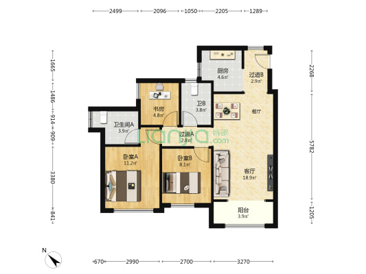 中海花湾 3室1厅2卫 89平方
