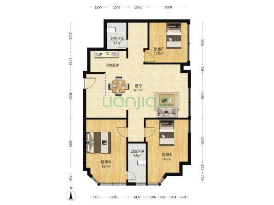长鑫公馆 3室1厅2卫 160平方