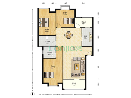 盛世华庭B区 3室1厅2卫 140平方