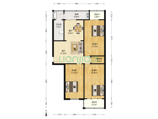 东三马路52号院 3室2厅1卫 121平方