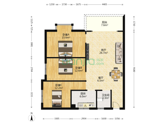 东江尚品 3室2厅1卫 106平方
