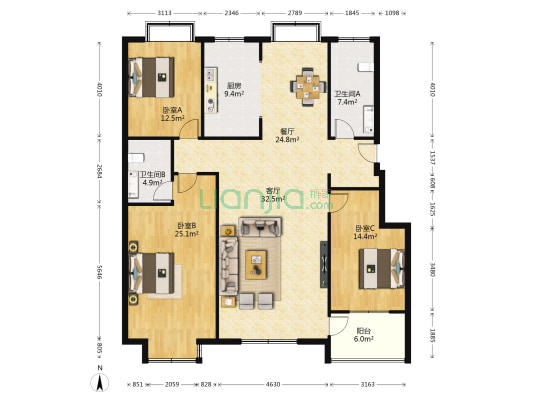 蓝天雅居 3室2厅2卫 167平方