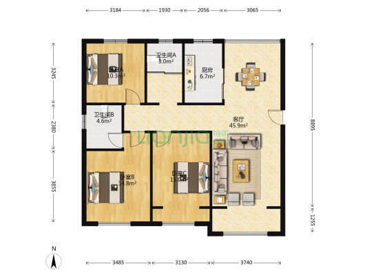 虞山汇金广场 3室1厅2卫 138平方