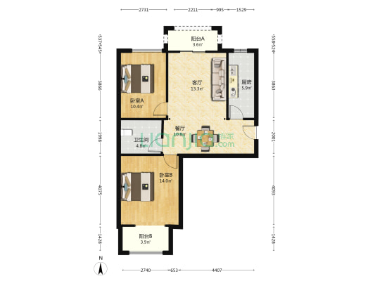 香公馆二期 2室2厅1卫 86平方