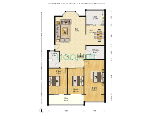 春华园B区 3室2厅2卫 159平方