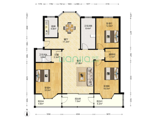 秦望家园 3室2厅2卫 149平方