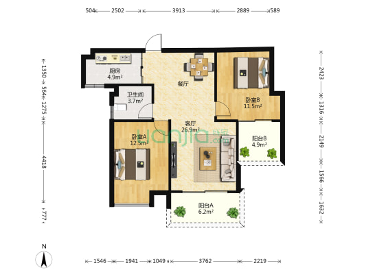 四季绿洲 2室2厅1卫 91平方