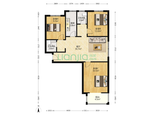 温莎假日二期高层公寓 3室1厅 南 北-户型图