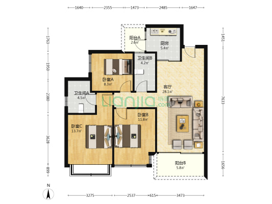 翰香悦府 3室1厅2卫 106平方