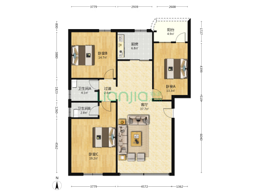 上宝花园 3室1厅2卫 110平方