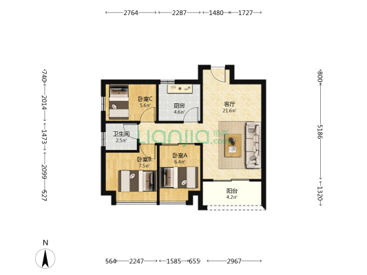 元邦明月翡翠 3室1厅1卫 70平方