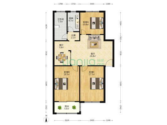 范杨新村 3室2厅1卫 116平方