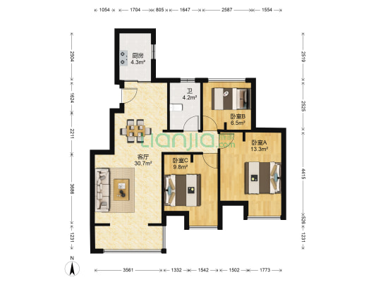 颐璟园三期 3室1厅1卫 87平方