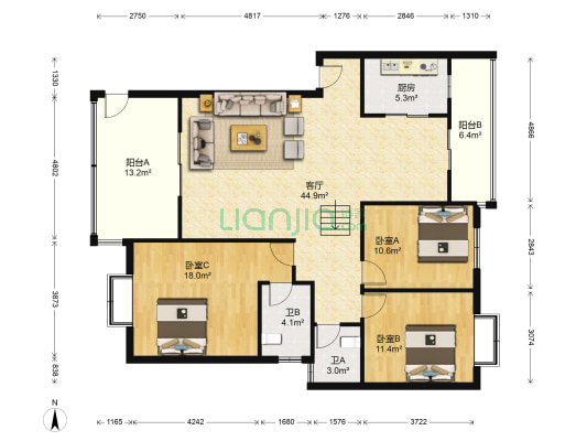 丽都滨河二期 3室1厅2卫 133平方
