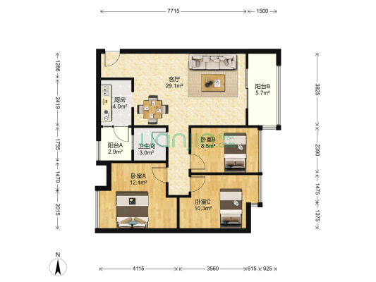 泊富骊庭 3室1厅1卫 89平方