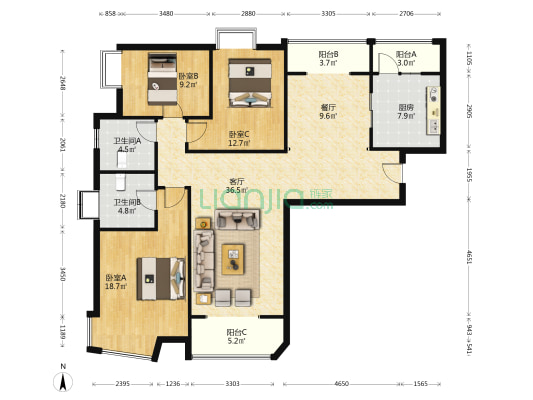 开发区 南北通透大三居室  采光无影响-户型图