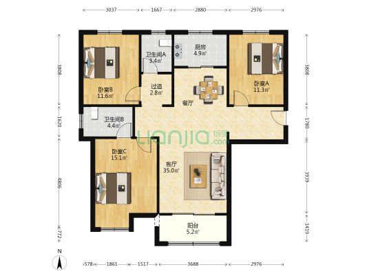 凤麟兰庭2期 3室1厅2卫 100平方