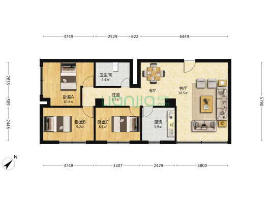 针纺大楼 3室1厅1卫 80平方