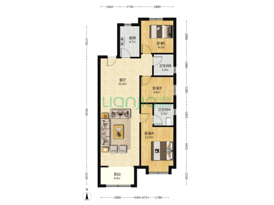 潮白河孔雀城雅春园 3室1厅2卫 114平方