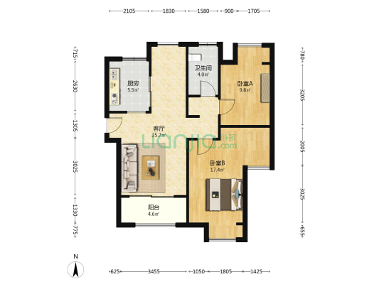 中城誉品北区 2室1厅1卫 88平方