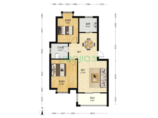 香山雅苑 2室1厅1卫 80平方