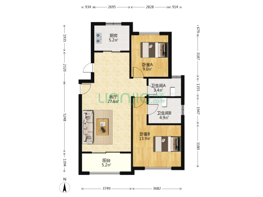 合生广富汇(公寓) 2室1厅2卫 87平方