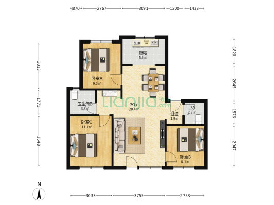 福美健康城公园郡 3室1厅2卫 103平方