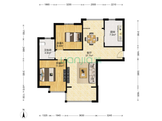 麦园景苑 2室1厅1卫 87平方