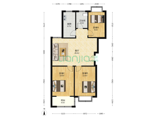松龄华府 3室1厅1卫 106平方