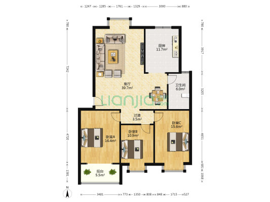 新华家园 3室1厅1卫 124平方