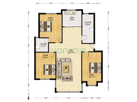 香榭里舍 3室1厅2卫 137平方