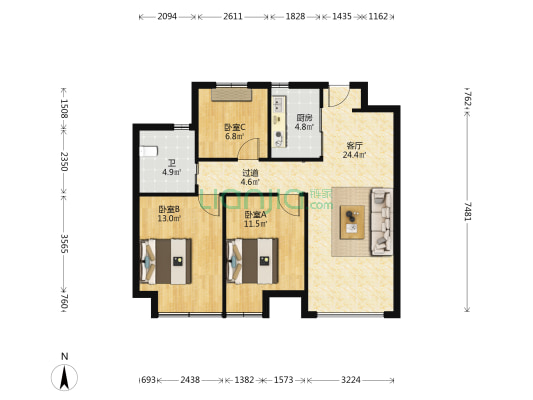 甬樾湾西区 3室1厅1卫 88平方
