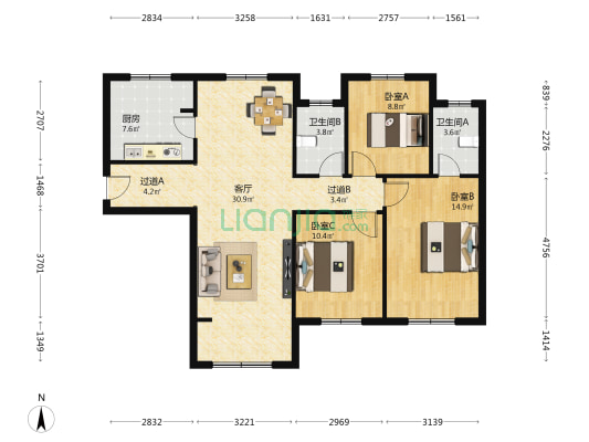揽湖郡 3室1厅2卫 119平方